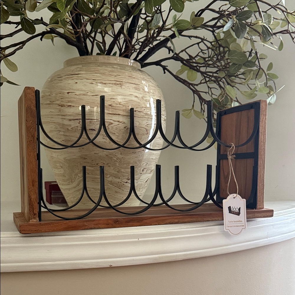 Wooden and Black Metal Wine Rack NEW